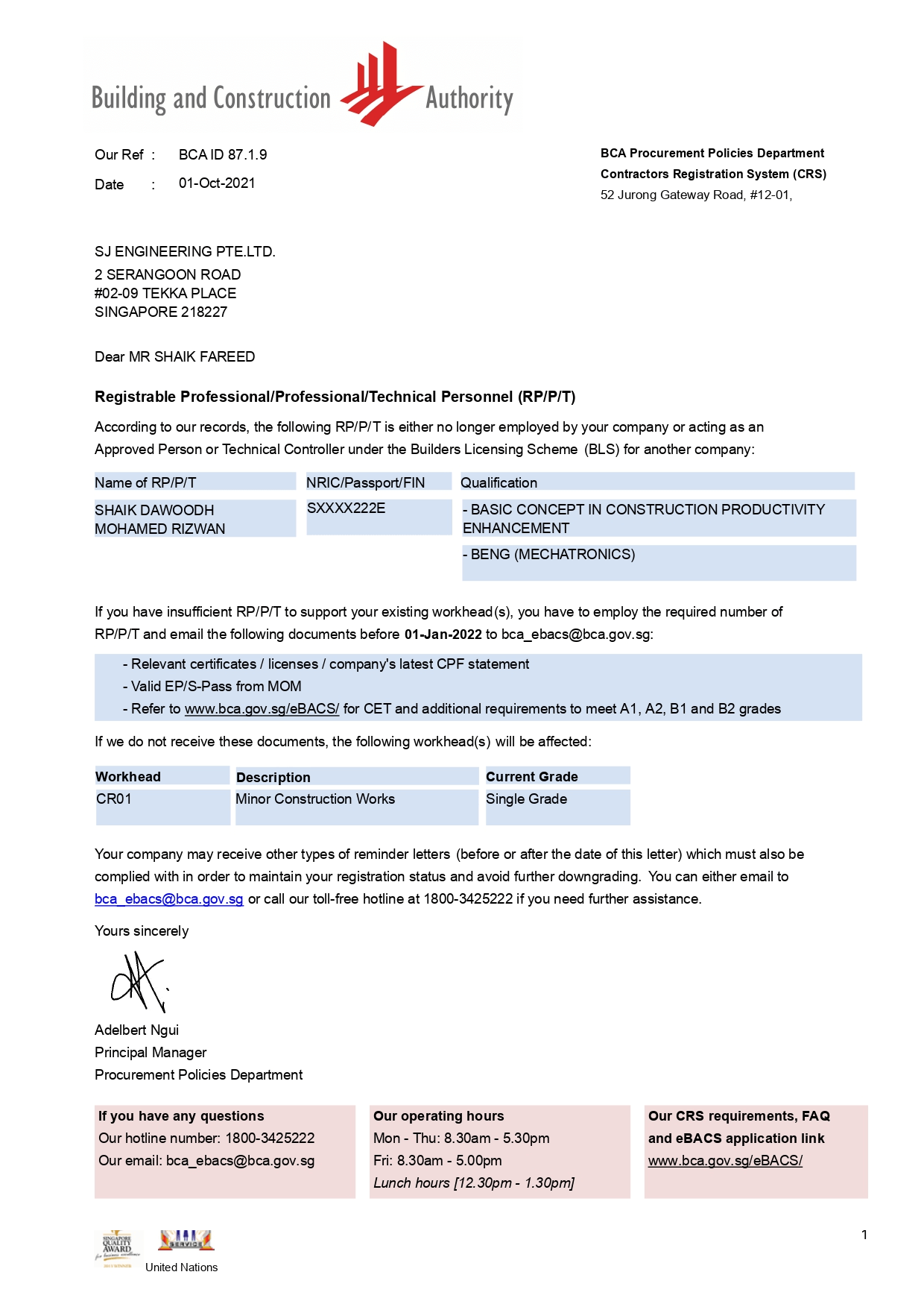 Building and construction authority certificate