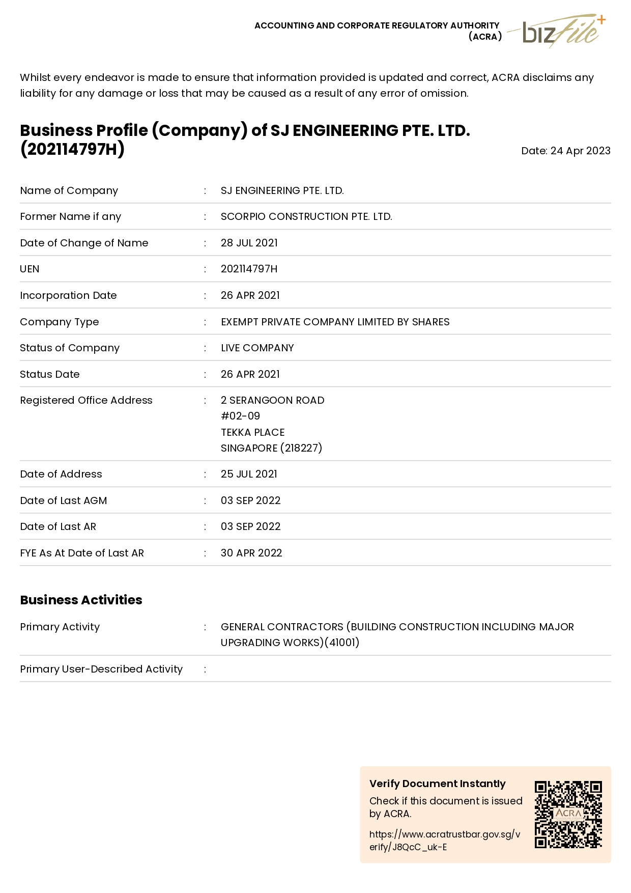 ACCOUNTING AND CORPORATE REGULATORY AUTHORITY(ACRA) certificate